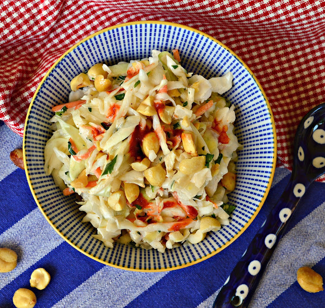 Sriracha Coleslaw in blue and white bowl