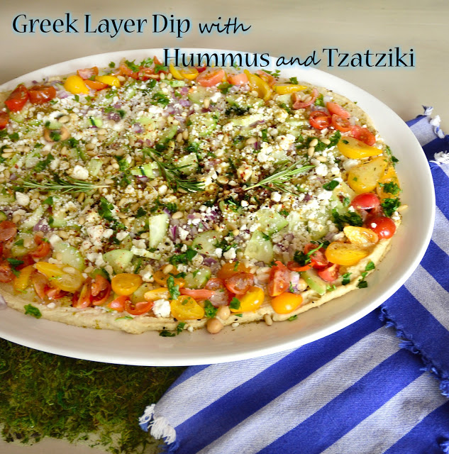 This Mediterranean Layer Dip with Hummus and Tzatziki is perfect for a crowd. It's healthy flavors appeal to everyone and it's so easily put together. No cooking-just layering- and you've got a beautiful dip that everyone will love. #hummus #tzatziki #appetizer #dip www.thisishowicook.com