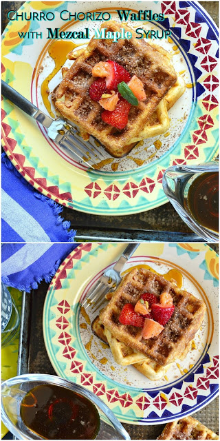 These churro chorizo waffles gleam with cinnamon sugar. Add a fabulous maple syrup with a touch of smoke, by way of Mezcal, and some ancho chile powder. Trust me. This brunch will not be forgotten." #waffles #chorizo #mexicanfood www.thisishowicook.com