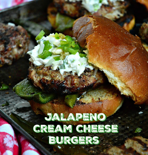 These Jalapeno Cream Cheese Burgers are sure to please anyone. Luscious cream cheese, mixed with spicy jalapenos and onions is an easy way to dress up any burger! #burgers #burgertoppings #jalapenos www.thisishowicook.com