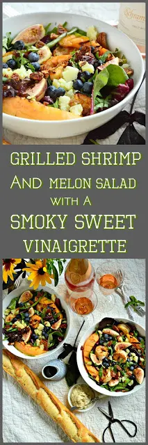 This special grilled shrimp and melon summer salad with is easily made. Feel free to substitute fruits and spices and make this your own. This smoky and sweet vinaigrette with a hint of spice will become a quick favorite! #salad #vinaigrette #shrimp #entree www.thisishowicook.com