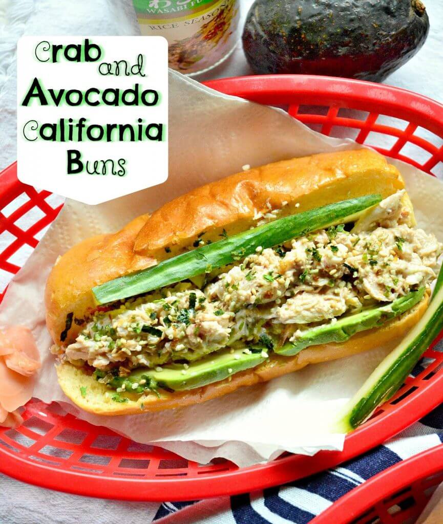 crab and avocado sandwich bin in red basket