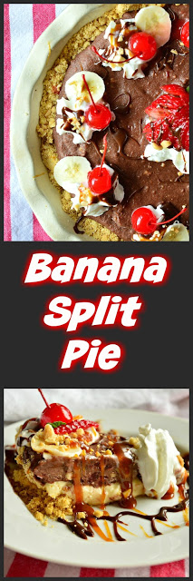 This no bake banana split pie has a cookie crumb crust, a layer of vanilla cream and a chocolate layer laden with maraschino cherries and bananas. There's no ice cream in this, but it is frozen and tastes divine! #icecream #dessert #pie #bananasplit www.thisishowicook.com
