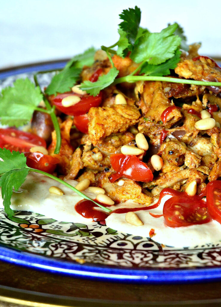 chicken shawarma recipes on blue decorative plate