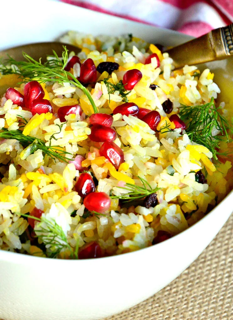 Mediterranean Rice Pilaf Recipe in white bowl