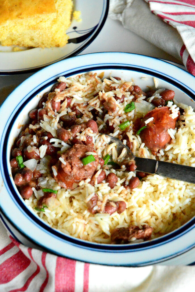 red beans and rice in blue rimmed bowl