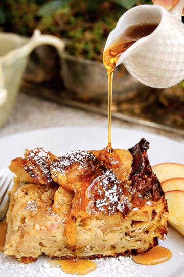 casserole of matzo brei made overnight with caramel apples