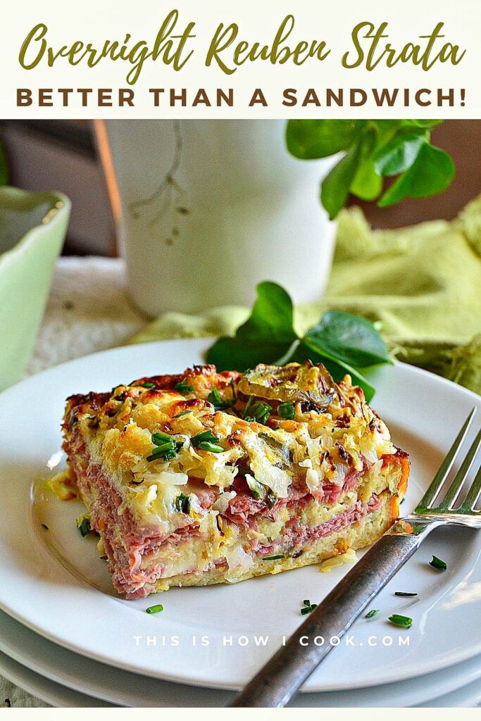 Reuben Strata cut and served on white plate