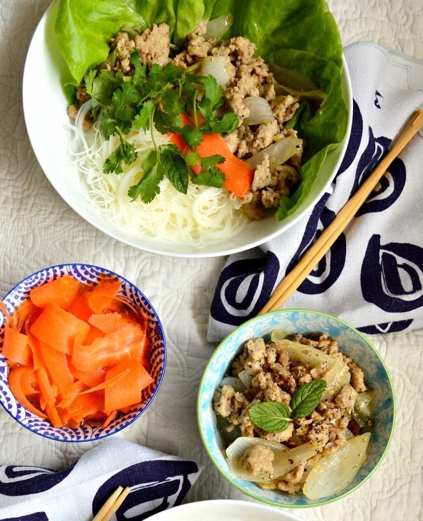 Vietnamese Chicken with Vinegar and Lemongrass is quickly stir fried and can be served over rice, in a bowl or with lettuce. This peppery, tangy garlic chicken is so good! #vietnamesefood #vietnameserecipes #vietnamesechicken #chicken www.thisishowicook.com