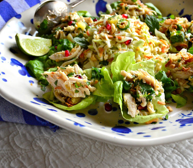 This Asian Poached Chicken Salad with pineapple has a simple Vietnamese style dressing and can be served in lettuce cups or as a salad. Perfect as a light dinner or an appetizer! #poachedchicken #chicken #salad #Asianrecipes www.thisishowicook.com