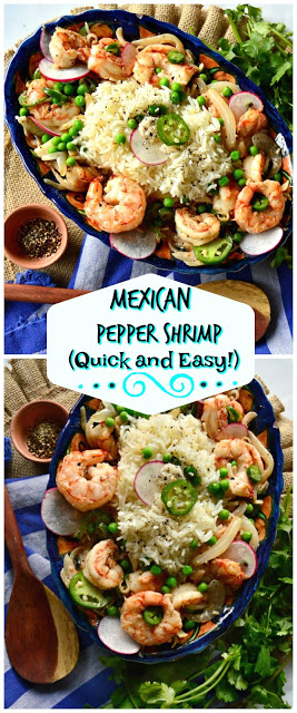 This quick and easy, ready in 20 minutes, Mexican pepper shrimp is made with onions, garlic, fresh green chilies and lots of black pepper. You may think this is over the top spicy, but the onion and garlic mellow it out! #shrimp #Mexicanrecipes #QuickDinners www.thisishowicook.com