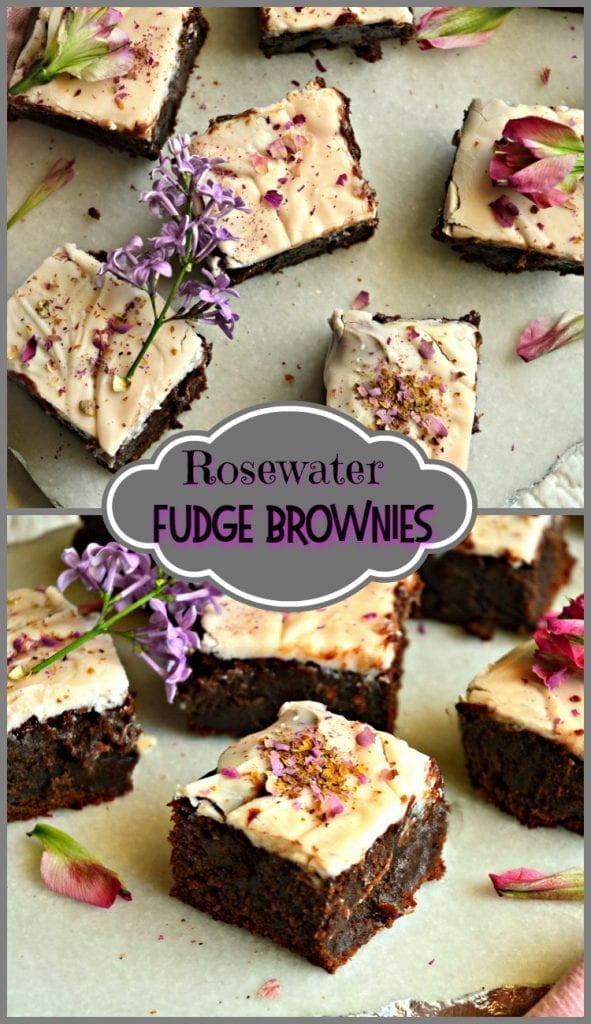 These rosewater chocolate fudge brownies with white chocolate rose frosting are truly unique. Everyone will be guessing what the secret ingredient is! #brownies #baking #rosewater #cookies See more at This is How I Cook!