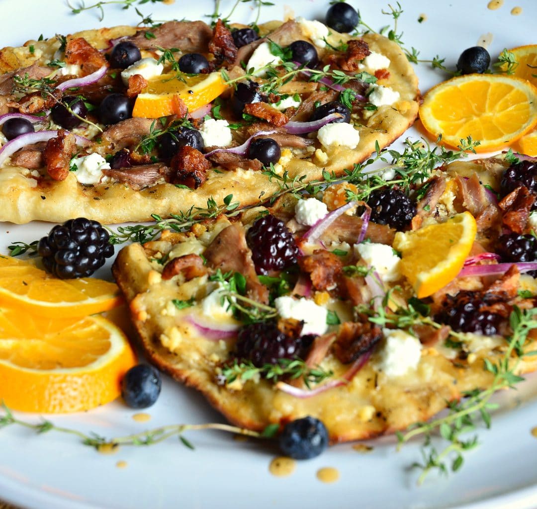 Grilled Flatbread with duck, orange