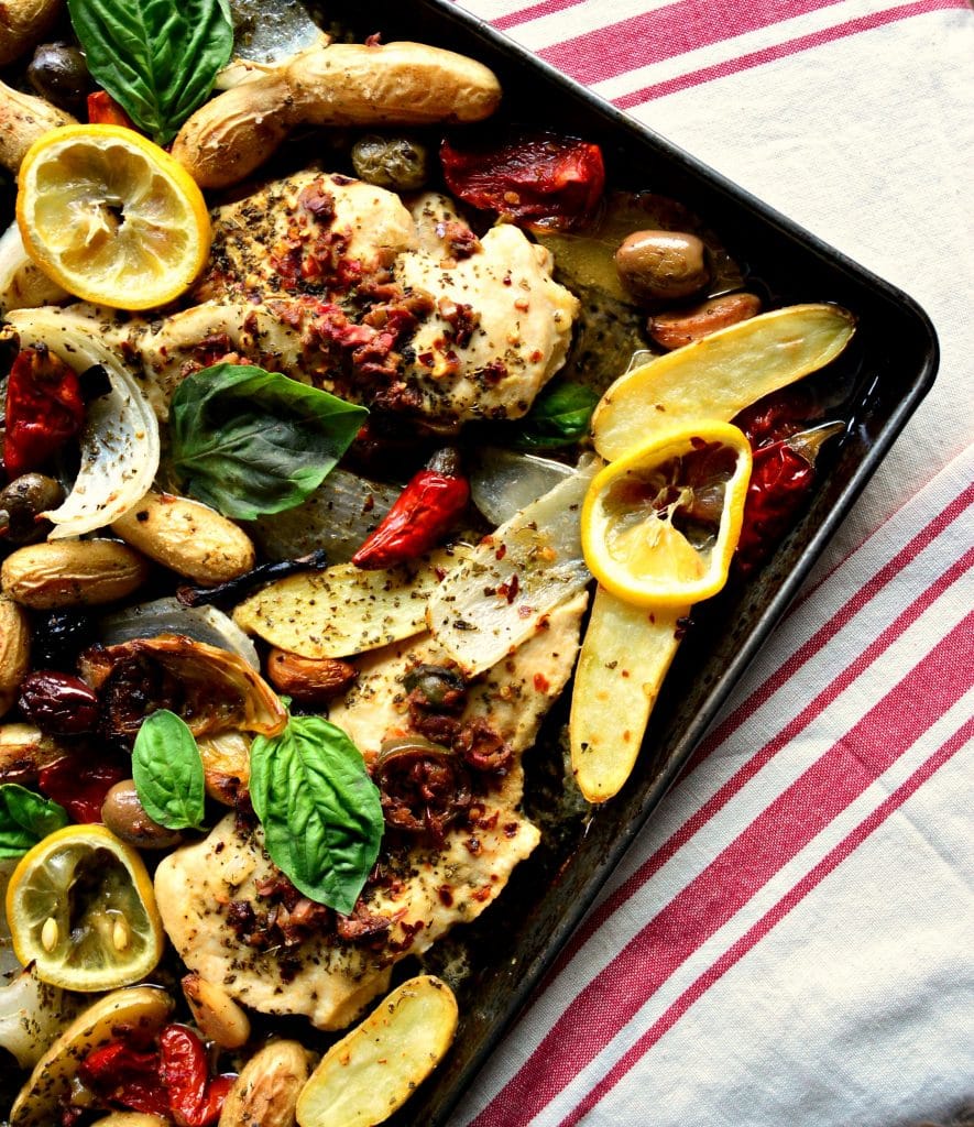 sheet pan with chicken, peppers, basil, potatoes and olives, olive bar chicken