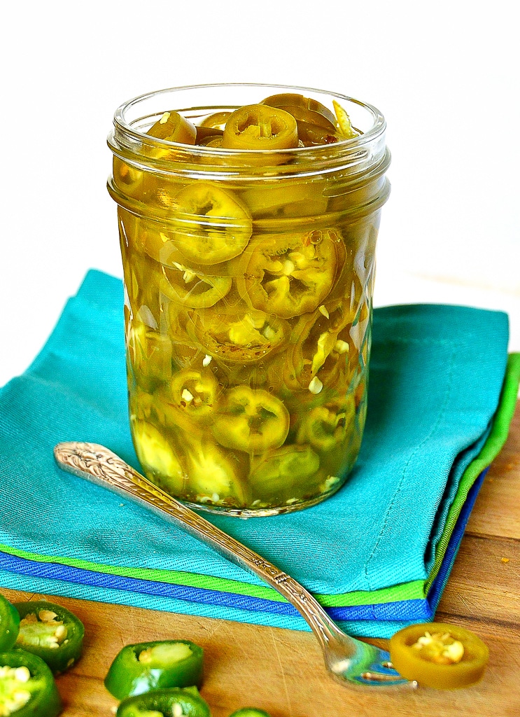 Pickled Jalapenos in Mason jar on turquoise napkin