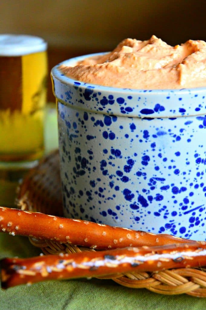 Beer Cheese Dip in blue and white crock