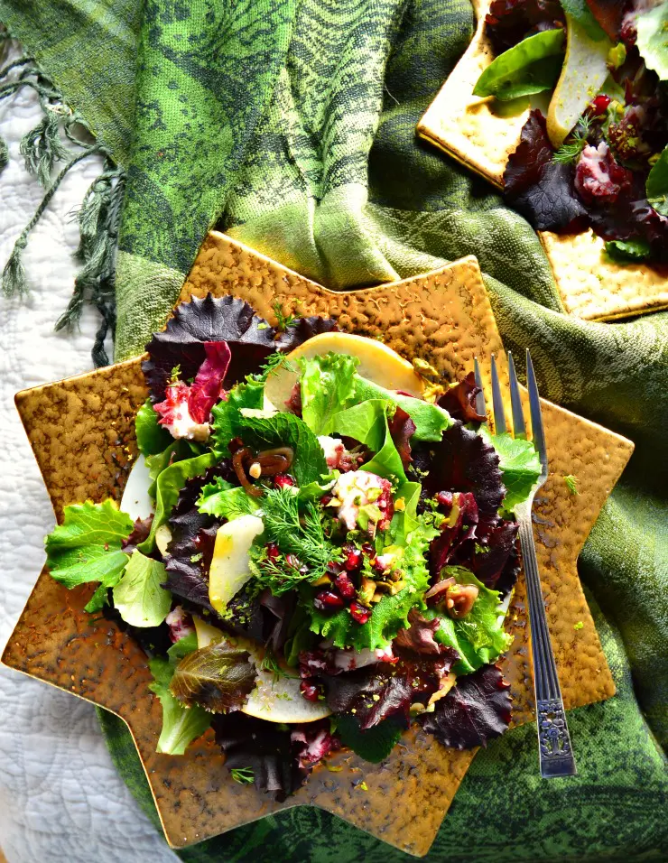 Mixed Greens and herb Salad with Pomegranates, Pistachios and Pears