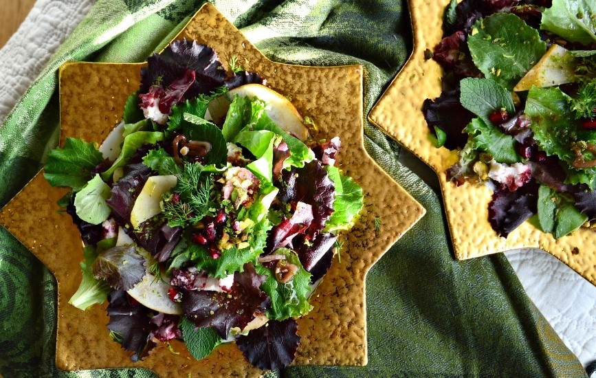 Mixed Greens and herb Salad with Pomegranates, Pistachios and Pears