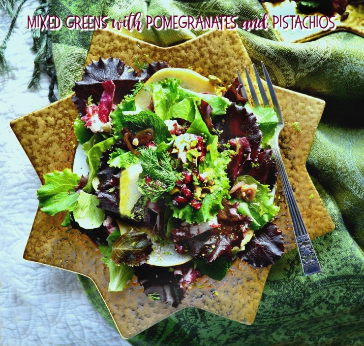 Mixed Greens and herb Salad with Pomegranates, Pistachios and Pears