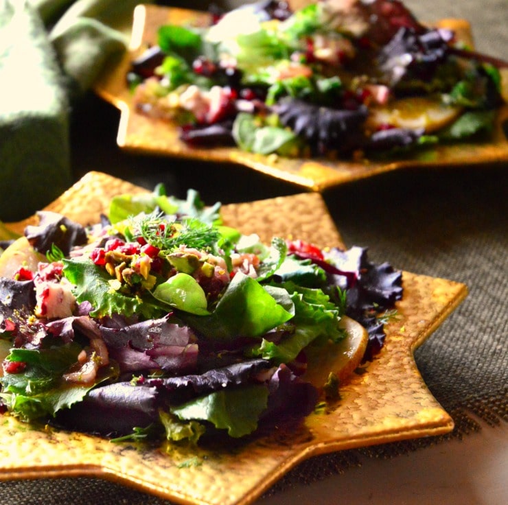 Mixed Greens and herb Salad with Pomegranates, Pistachios and Pears