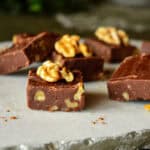 Cocoa Microwave Fudge Recipe on Marble Slab with walnuts