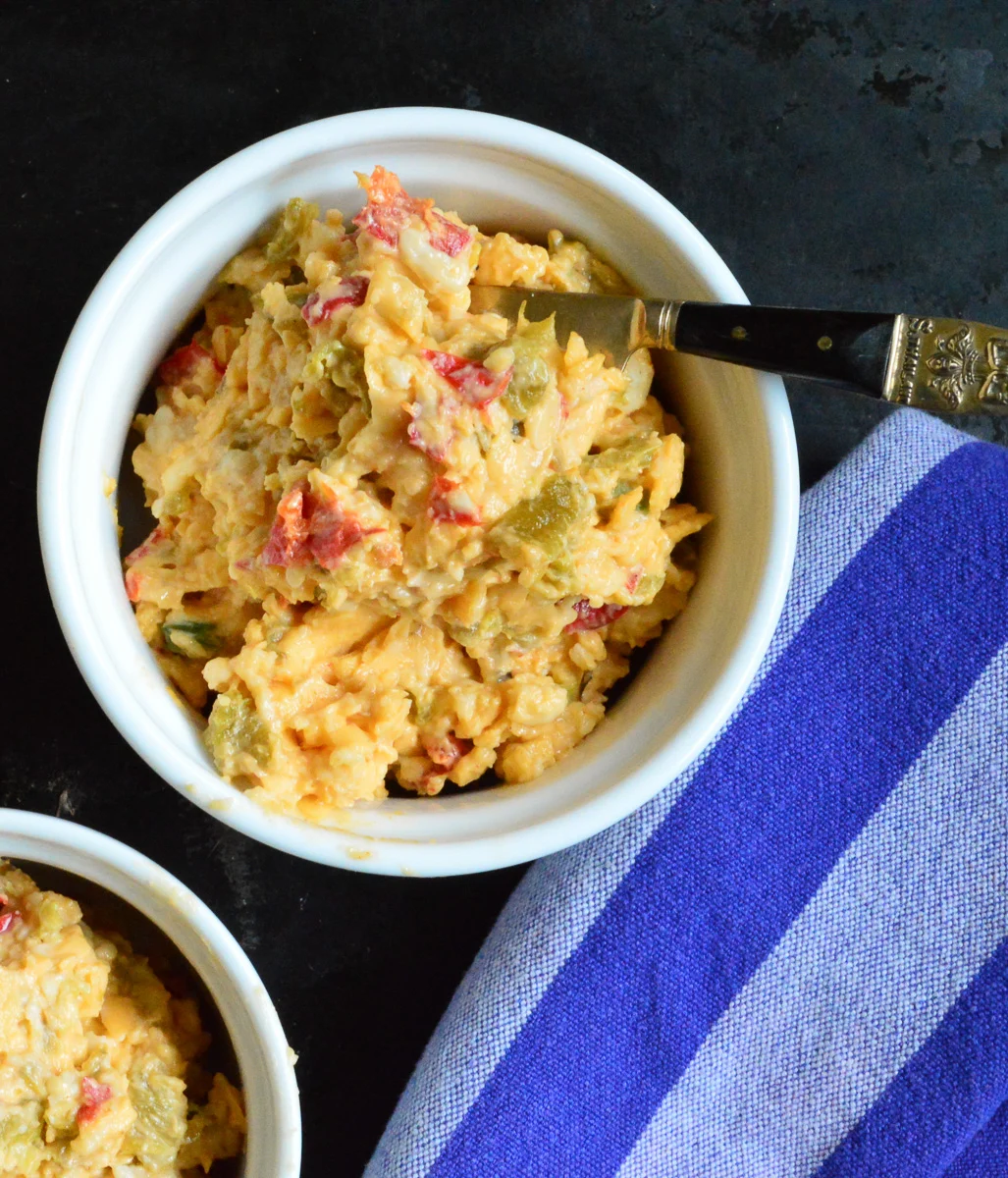 pimento cheese/white bowl/blue napkin