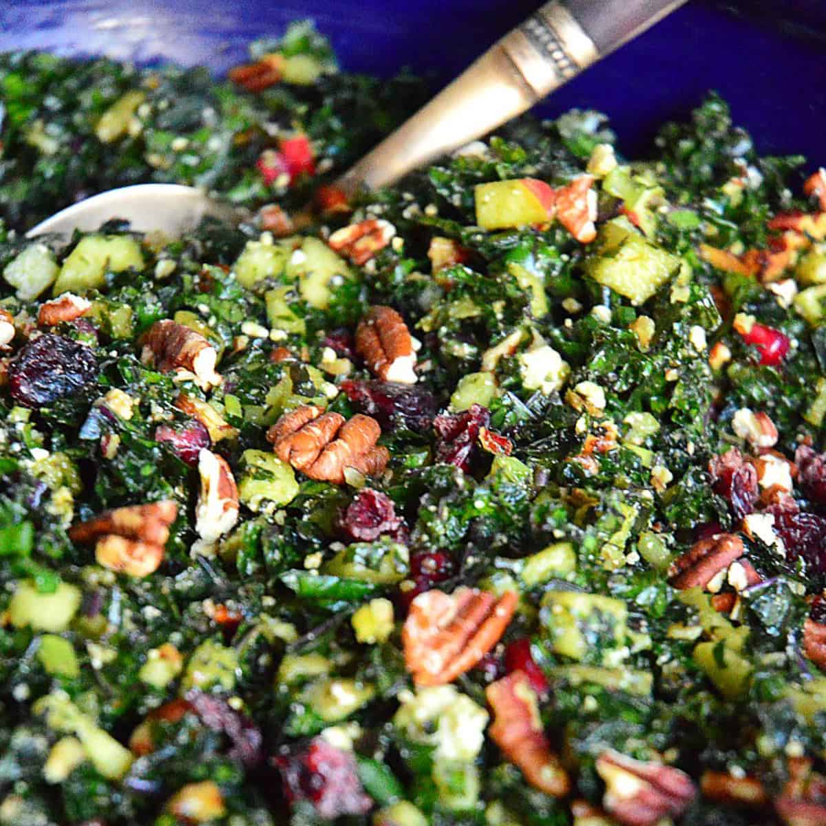 close  up of kale salad in blue bowl with serving spoon with kale, pecans and cranberries
