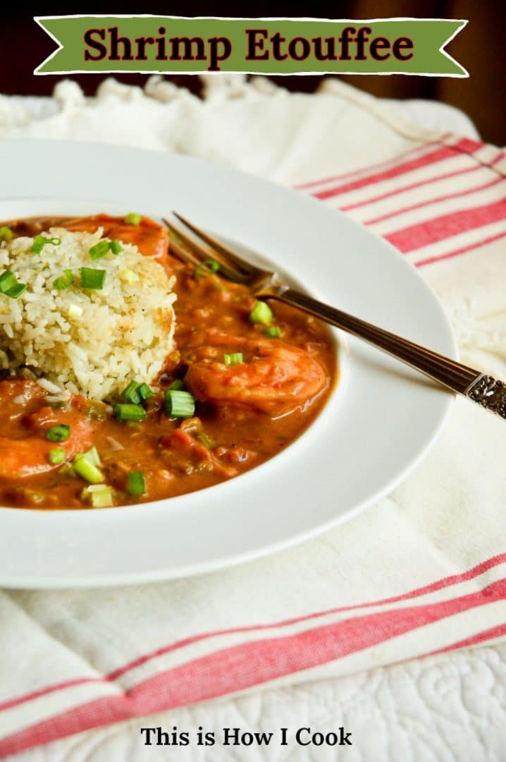 shrimp etouffee in bowl with rice