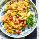 Fried Rice in Chinese Bowl with Shrimp, Pineapple and Red Peppers