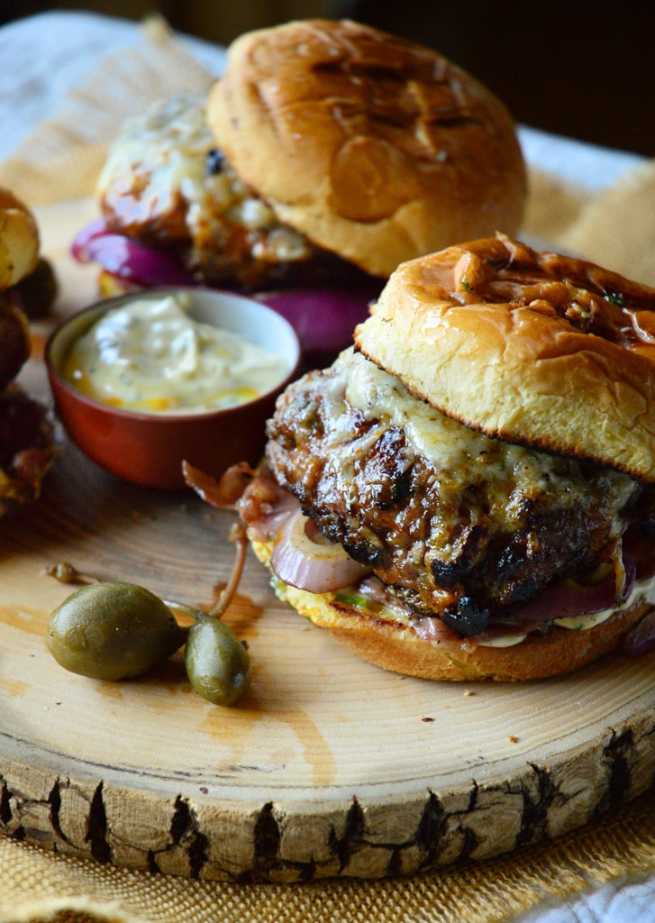 Spanish Garlic Pork Burgers with Saffron Aioli