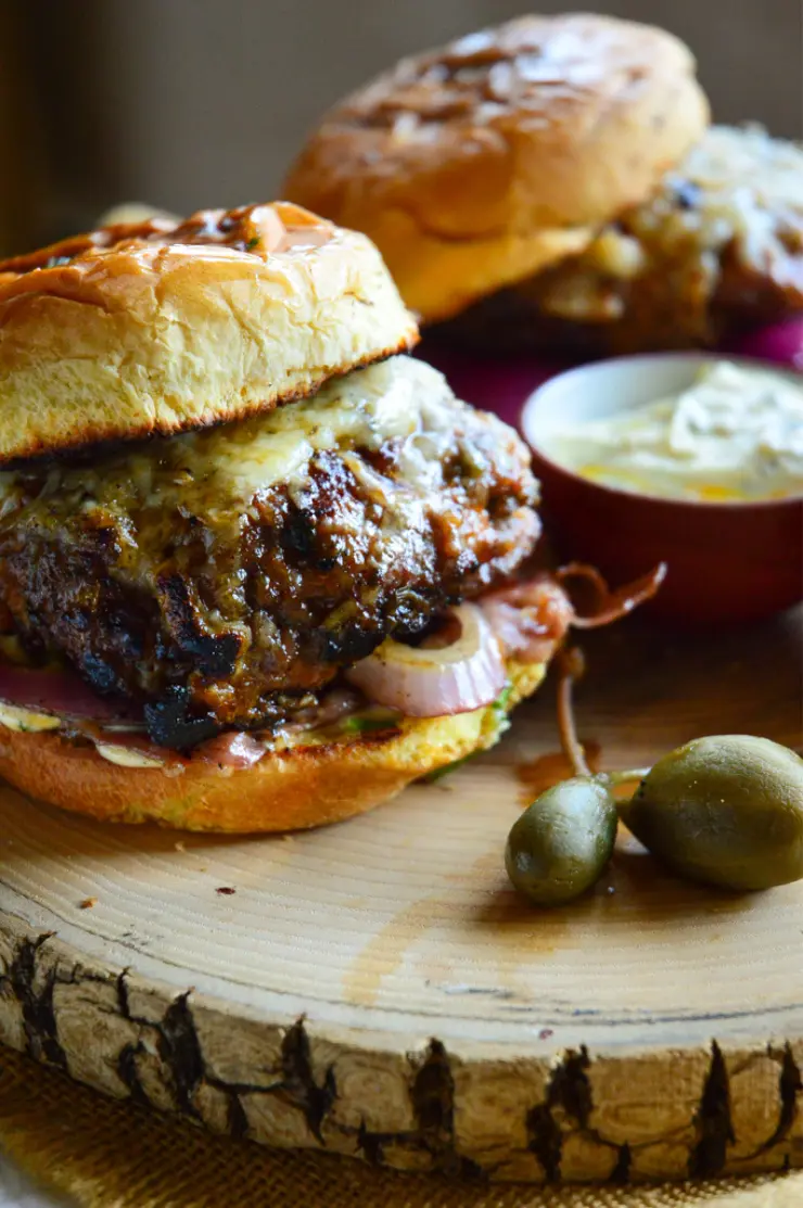 Spanish Garlic Pork Burgers with Saffron Aioli