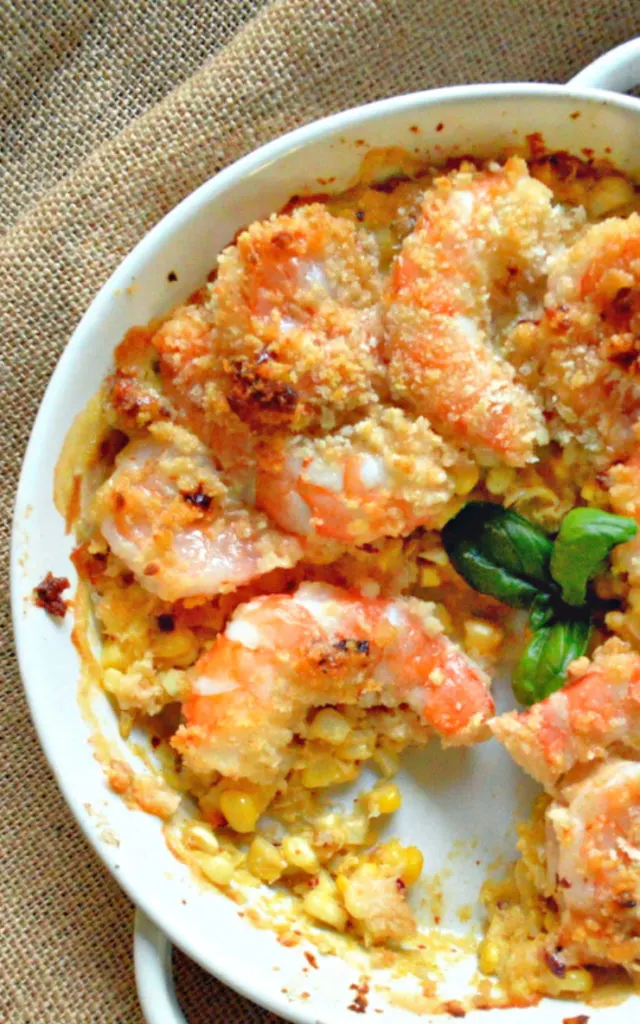 Chipotle Shrimp Baked with Corn in a White Dish