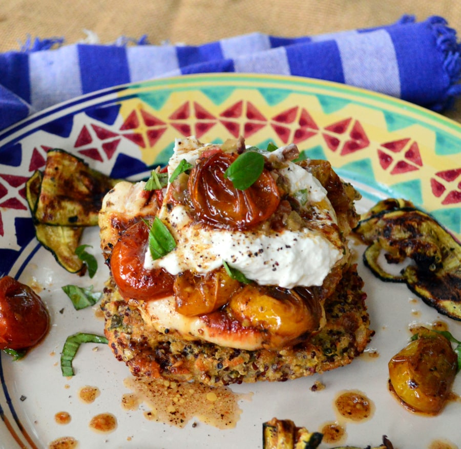 Caprese Grilled chicken on quinoa cakes