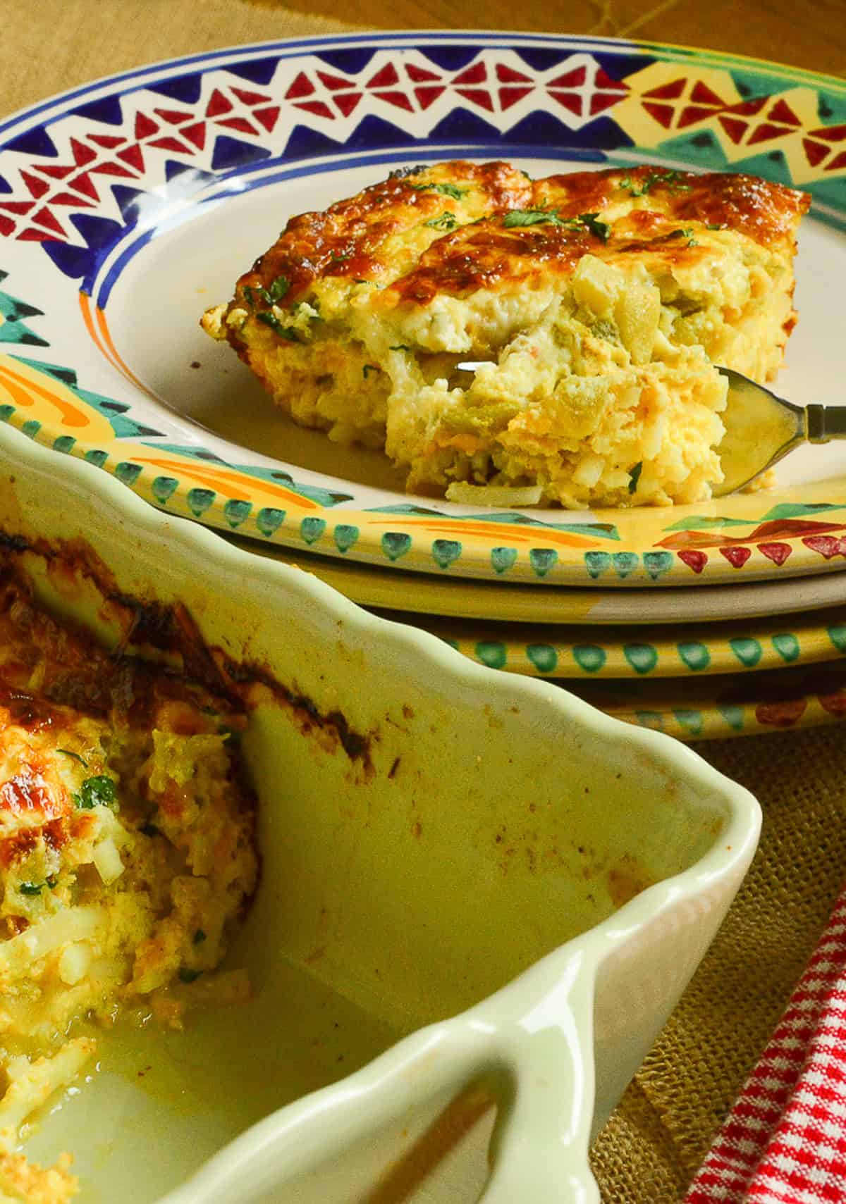 mexican breakfast casserole on colorful plate