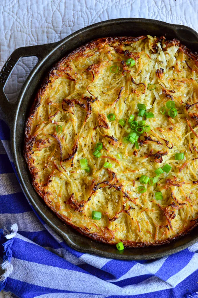 Potato Kugel in Skillet for Passover Food