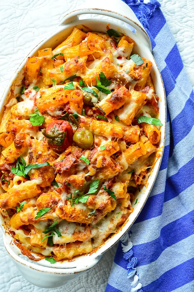 Chicken Riggies in White Baking Dish