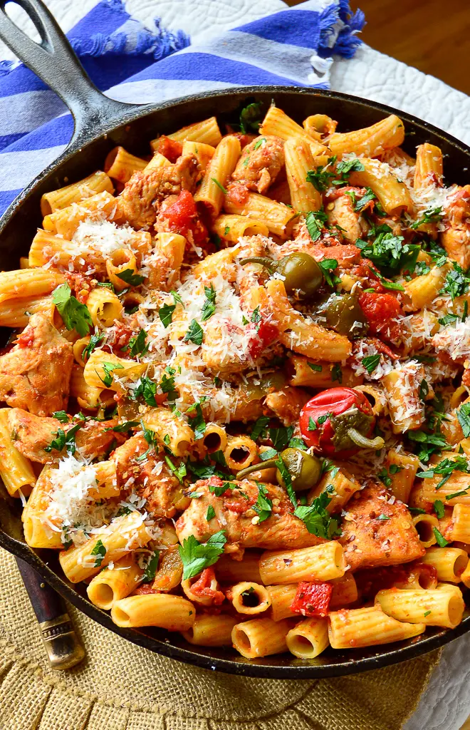 Chicken Riggies in cast iron skillet