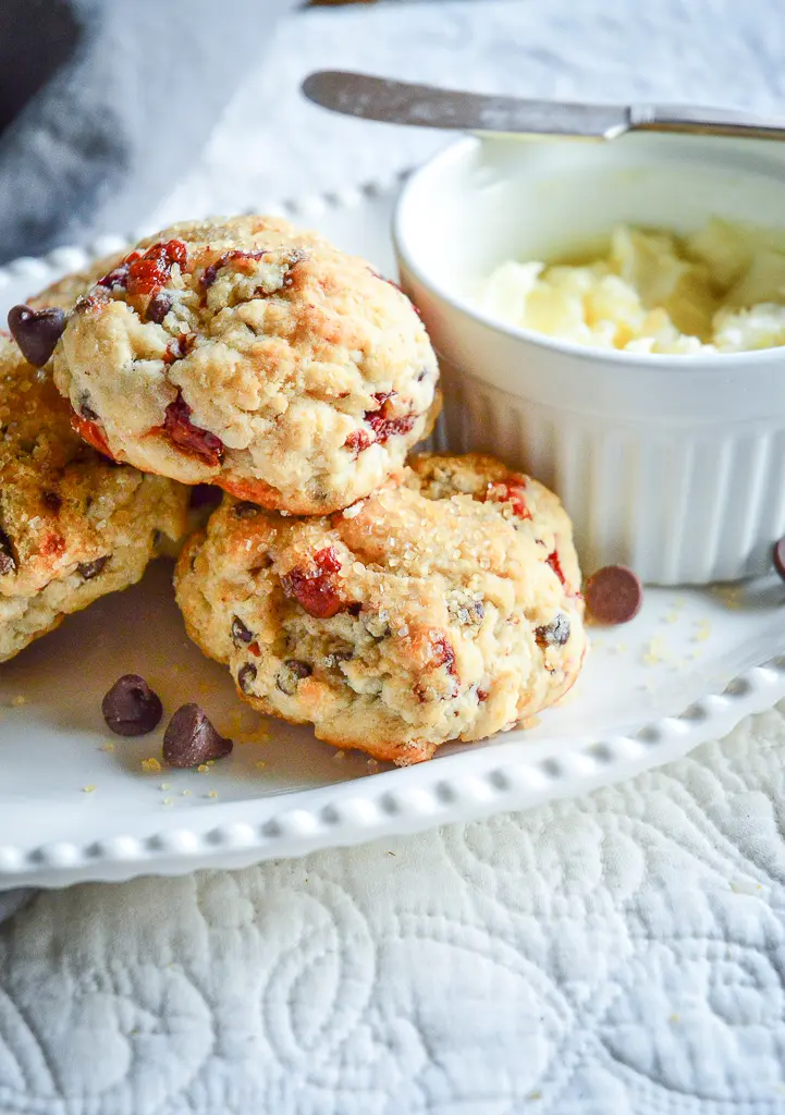 Scones with dried cherries, cranberries and chocolate