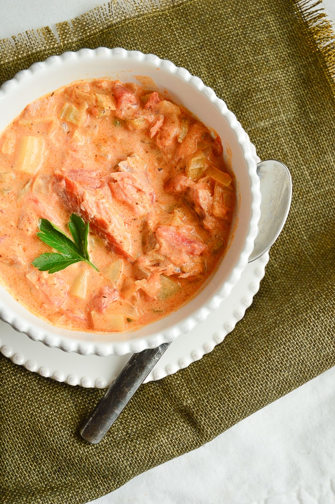 Smoked Salmon Chowder in white bowl