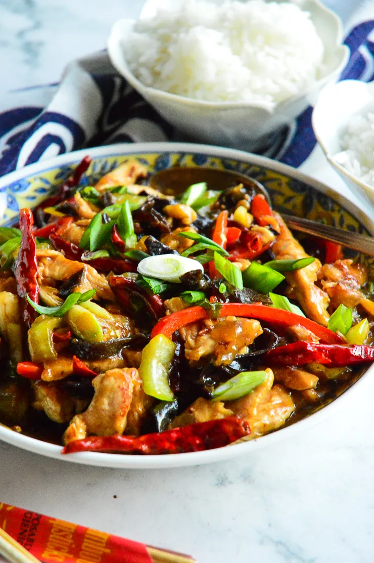 beautiful colored peppers and green onions in chinese chicken in garlic sauce.