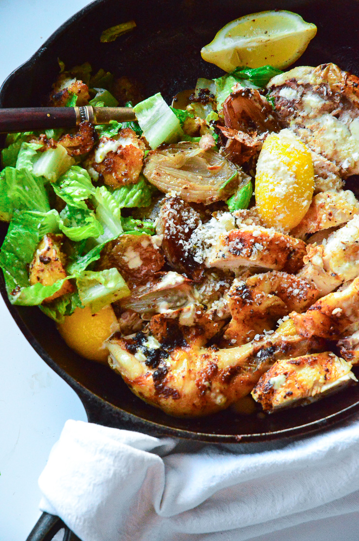 Caesar Chicken Salad in Skillet with Lemons