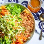 Ramen Noodle Salad, dressing, blue pattern napkin