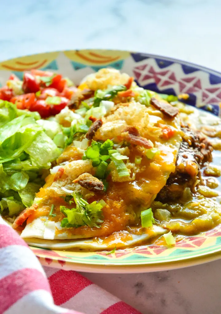 Mexican Burgersmothered in cheese and green chile on colorful plate