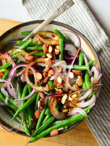 Best green bean recipe salad in white pottery bowl