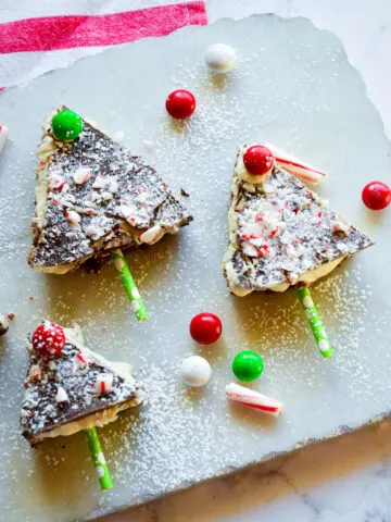 christmas tree brownies on white stone platter