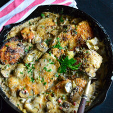 Chicken , Mushroom, Artichoke Saute in a Cheesy Sauce