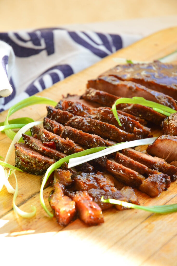 Chinese char siu barbecue pork recipe on cutting board