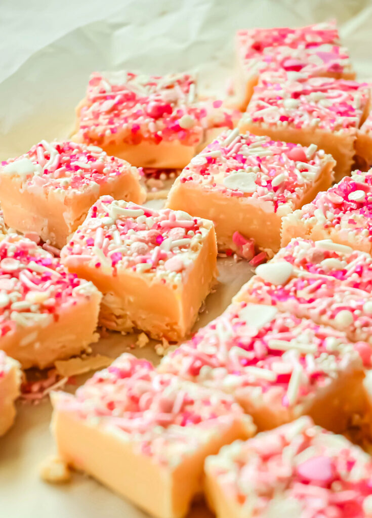 white chocolate fudge with pink sprinkles
