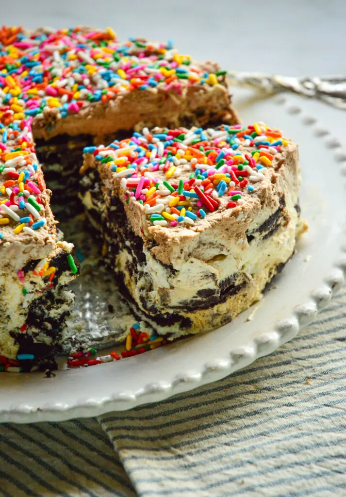 chocolate wafer icebox cake recipe on white plate and striped napkin with fork