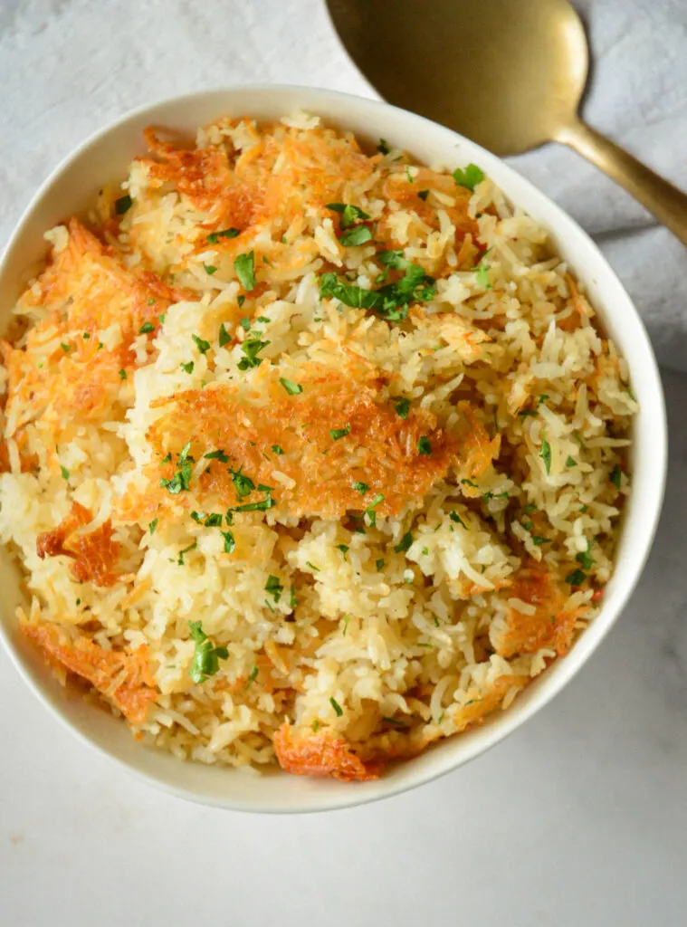 oven baked rice in white bowl